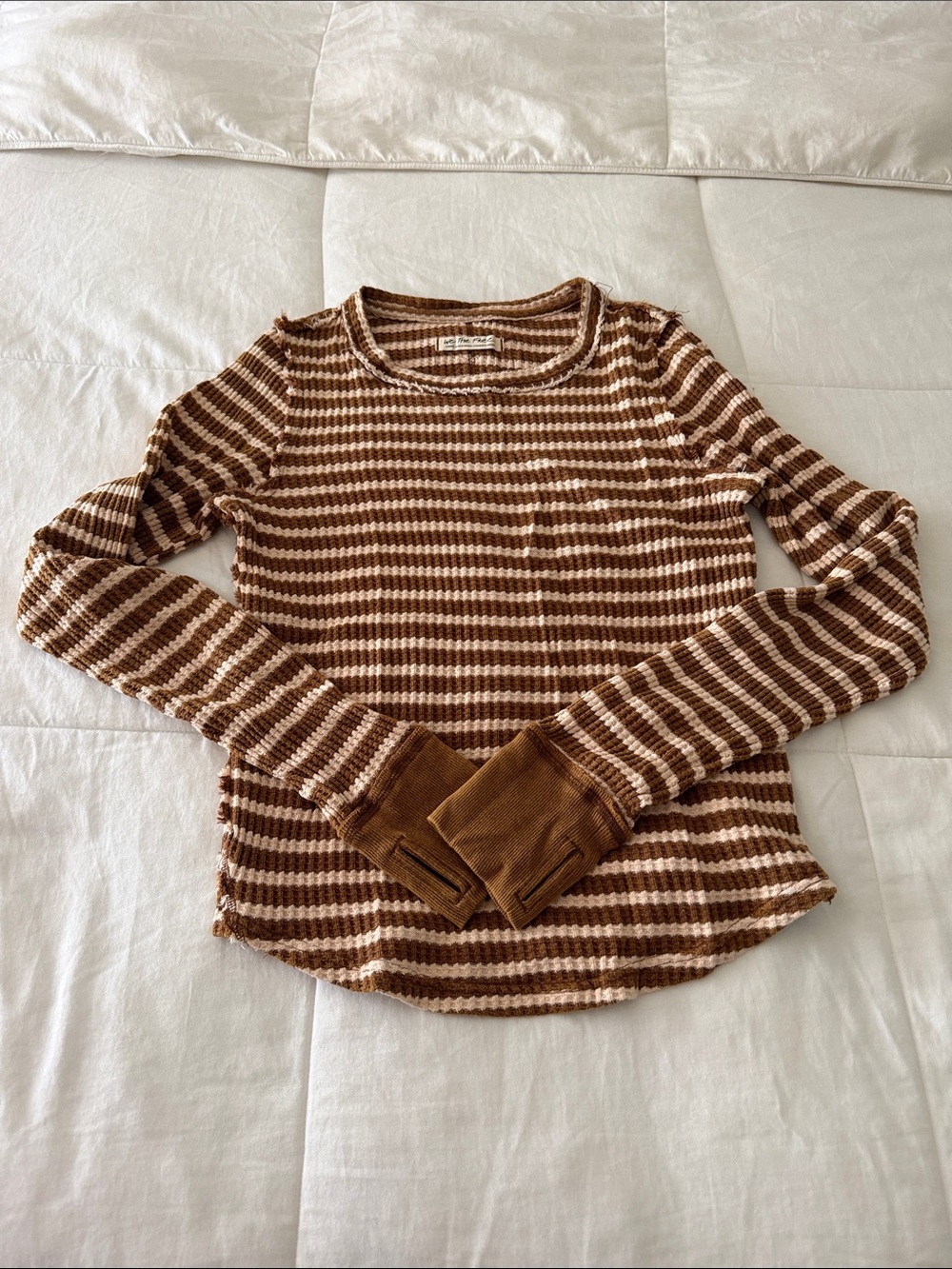 Free People Striped Brown and Cream Waffle Knit Long Sleeve